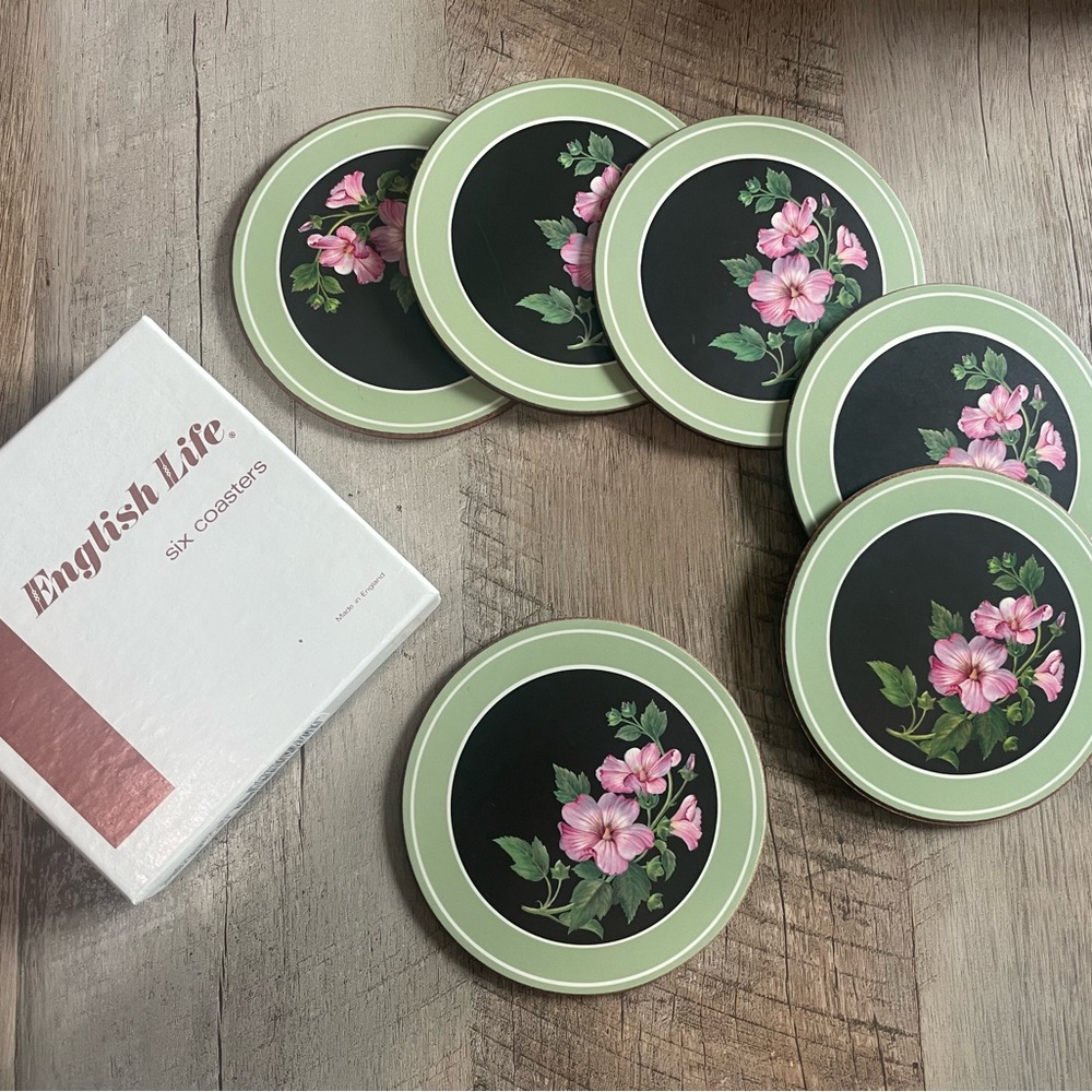 Floral Coasters Set - Green and Pink Pimpernel Coasters Rose Mallow 6pc w/box